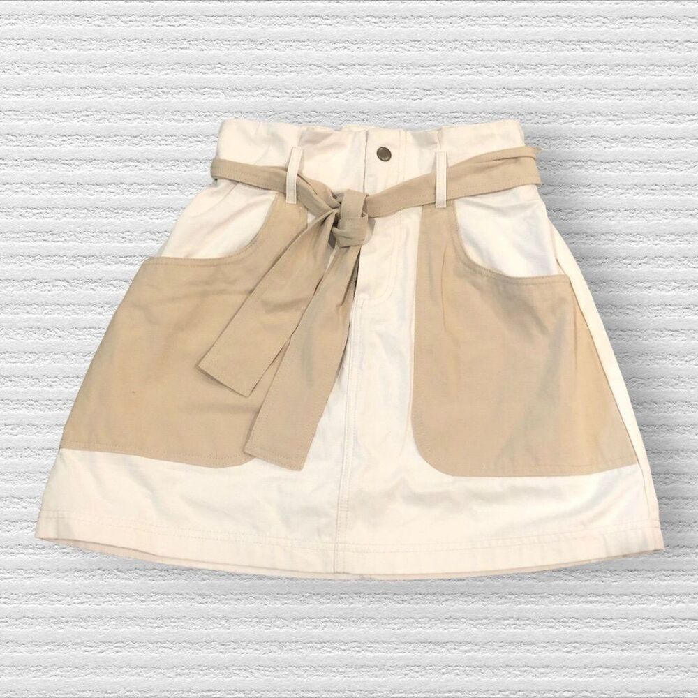 BB Dakota Day In The Life Paperbag Mini Skirt Size 4 Tan Ivory Belted NWT